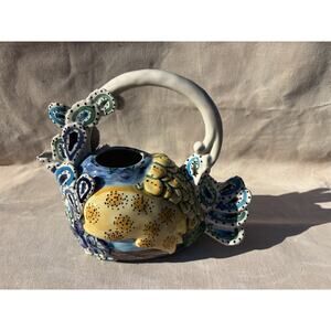 Blue Sky Clayworks Ceramic Blue Peacock Teapot 10.5 x 6 x 9" NIB.